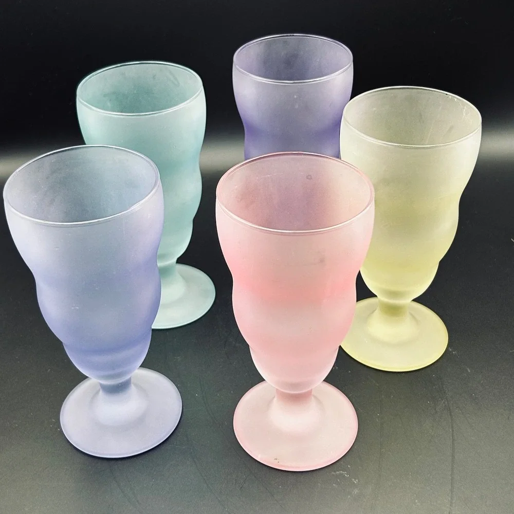 VTG Libbey Watusi Pastel Frosted Glasses Set Mid Century Retro Milkshake Goblets